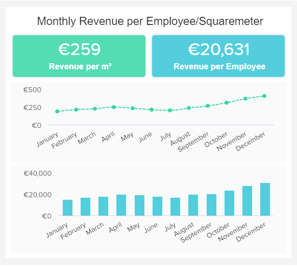 data visualisation showing the monthly revenue per employee and squaremeter